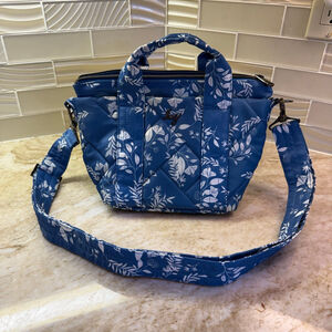 LUG Dory Mini Bag Blue White Floral long adjustable strap. Dragonfly interior